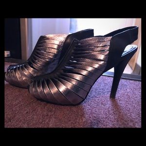 Silver strappy peeptoe booties/heels